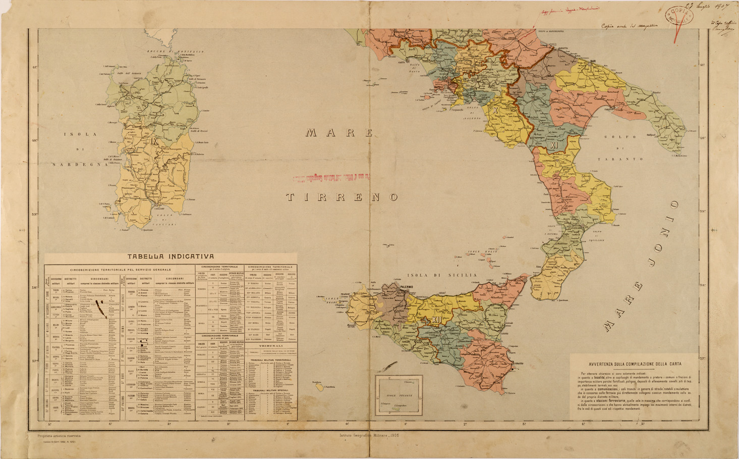 (N:27051) CARTA DELLA CIRCOSCRIZIONE MILITARE TERRITORIALE DEL REGNO - FOGLIO SUD (SE000906) Carte e stampe antiche: riproduzione a colori su carta (formato A1)