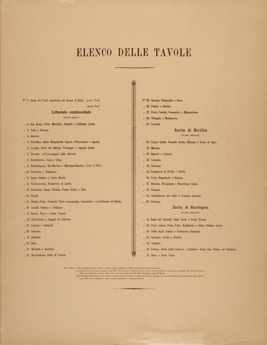 (N:27376) ALBUM DEI PORTI MARITTIMI DEL REGNO D'ITALIA - ELENCO DELLE TAVOLE (SE001026) Carte e stampe antiche: riproduzione a colori su carta (formato A1)