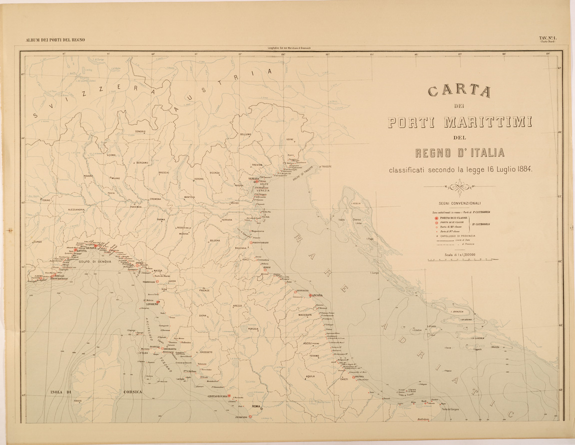 (N:27377) ALBUM DEI PORTI MARITTIMI DEL REGNO D'ITALIA - TAVOLA 01 PARTE NORD - QUADRO GENERALE (SE001027) Carte e stampe antiche: riproduzione a colori su carta (formato A1)