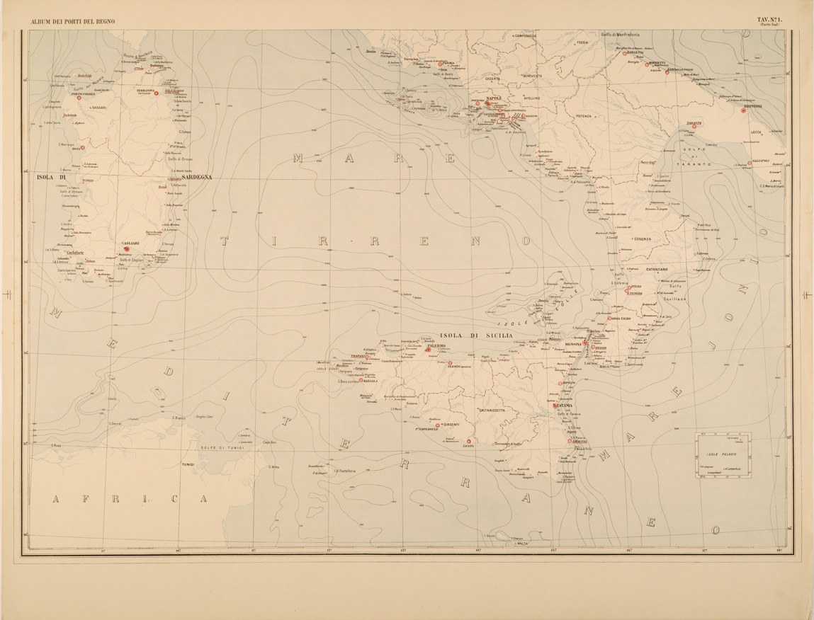(N:27378) ALBUM DEI PORTI MARITTIMI DEL REGNO D'ITALIA - TAVOLA 01 PARTE SUD - QUADRO GENERALE (SE001028) Carte e stampe antiche: riproduzione a colori su carta (formato A1)