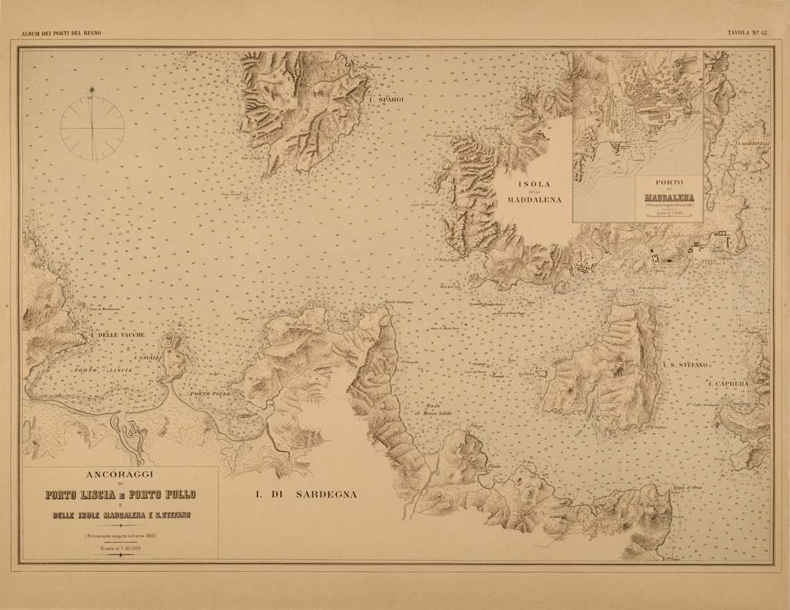 (N:27419) ALBUM DEI PORTI MARITTIMI DEL REGNO D'ITALIA - TAVOLA 42 - ANCORAGGI DI PORTO LISCIA E PORTO POLLO E DELLE ISOLE MADDALENA E S. STEFANO - PORTO DI MADDALENA (SE001069) Carte e stampe antiche: riproduzione a colori su carta (formato A1)