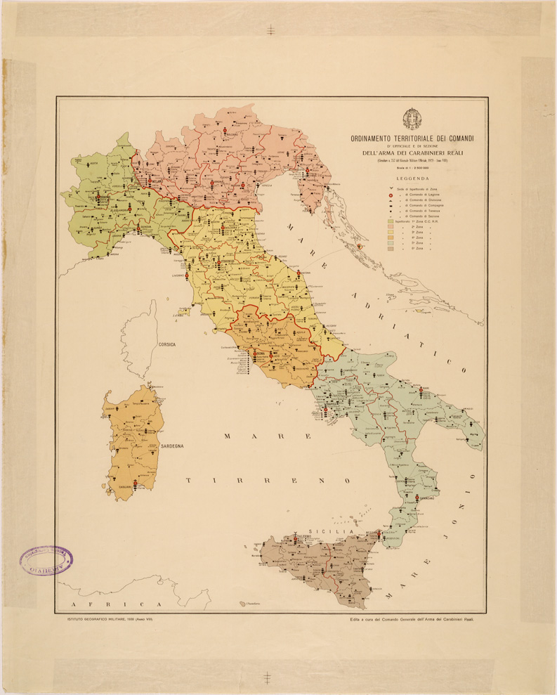 (N:27359) ORDINAMENTO TERRITORIALE DEI COMANDI DELL' ARMA DEI CARABINIERI REALI (SE001182) Carte e stampe antiche: riproduzione a colori su carta (formato A1)