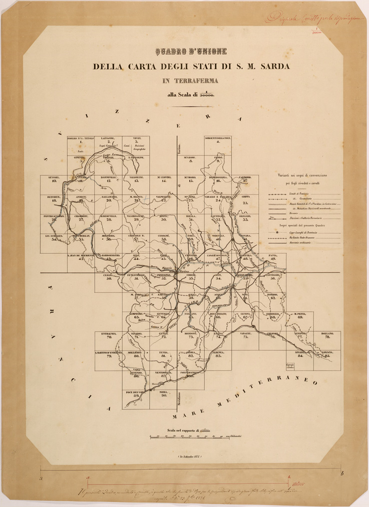 (N:27509) CARTA TOPOGRAFICA DEGLI STATI IN TERRAFERMA DI S. M. IL RE DI SARDEGNA QUADRO D'UNIONE
 (SE001371) Carte e stampe antiche: riproduzione a colori su carta (formato A1)