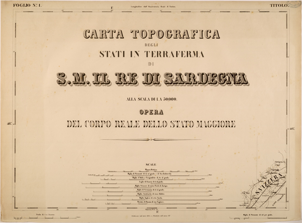 (N:27508) CARTA TOPOGRAFICA DEGLI STATI IN TERRAFERMA DI S. M. IL RE DI SARDEGNA FOGLIO 1 TITOLO
 (SE001372) Carte e stampe antiche: riproduzione a colori su carta (formato A1)