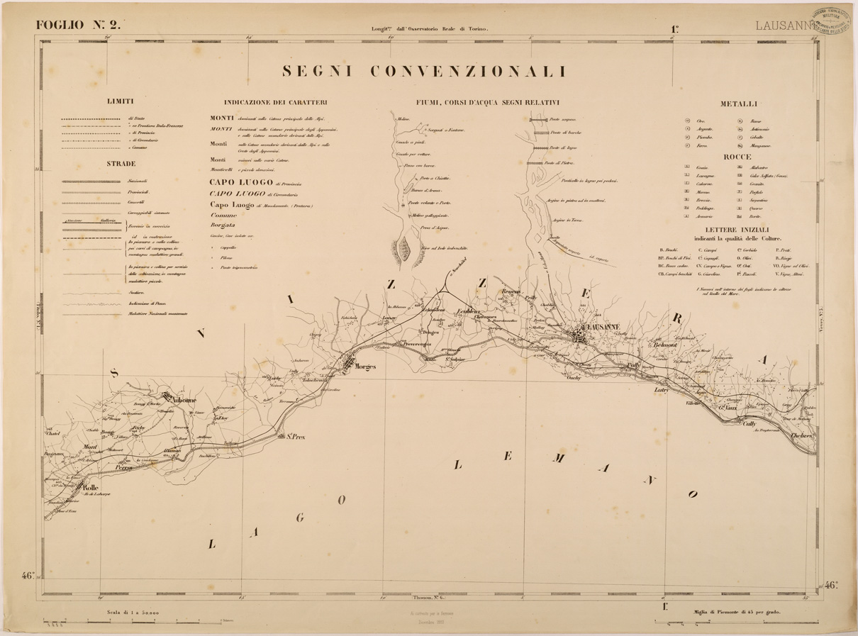 (N:27510) CARTA TOPOGRAFICA DEGLI STATI IN TERRAFERMA DI S. M. IL RE DI SARDEGNA FOGLIO 2 LAUSANNE
 (SE001373) Carte e stampe antiche: riproduzione a colori su carta (formato A1)