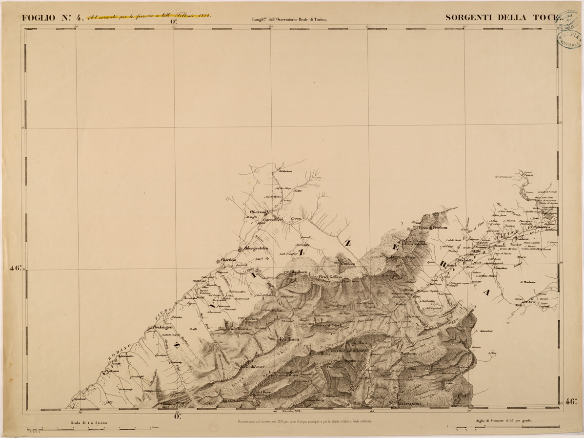 (N:27539) CARTA TOPOGRAFICA DEGLI STATI IN TERRAFERMA DI S. M. IL RE DI SARDEGNA FOGLIO 4 SORGENTI DELLA TOCE
 (SE001375) Carte e stampe antiche: riproduzione a colori su carta (formato A1)