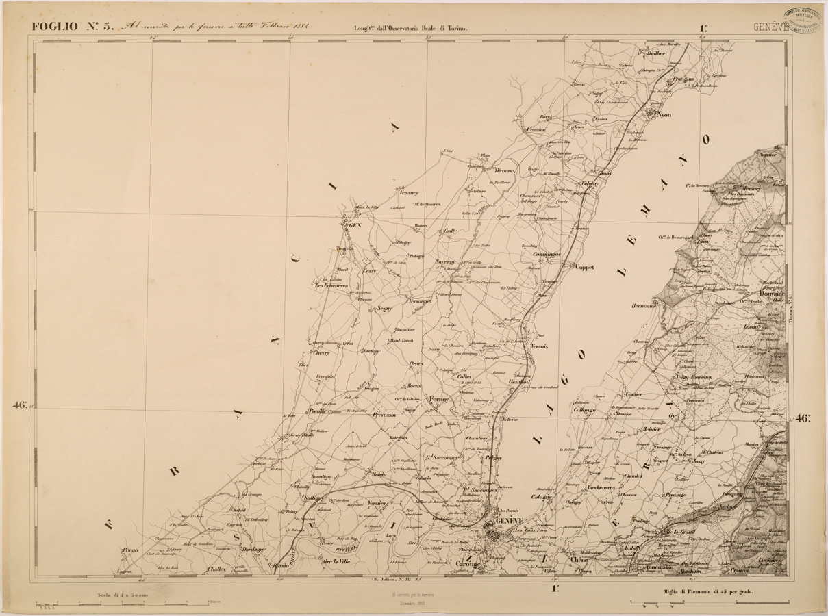 (N:27540) CARTA TOPOGRAFICA DEGLI STATI IN TERRAFERMA DI S. M. IL RE DI SARDEGNA FOGLIO 5 GENEVE (GINEVRA)
 (SE001376) Carte e stampe antiche: riproduzione a colori su carta (formato A1)