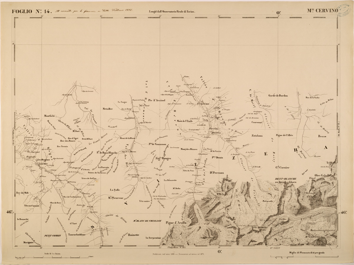 (N:27549) CARTA TOPOGRAFICA DEGLI STATI IN TERRAFERMA DI S. M. IL RE DI SARDEGNA FOGLIO 14 M.TE CERVINO
 (SE001385) Carte e stampe antiche: riproduzione a colori su carta (formato A1)
