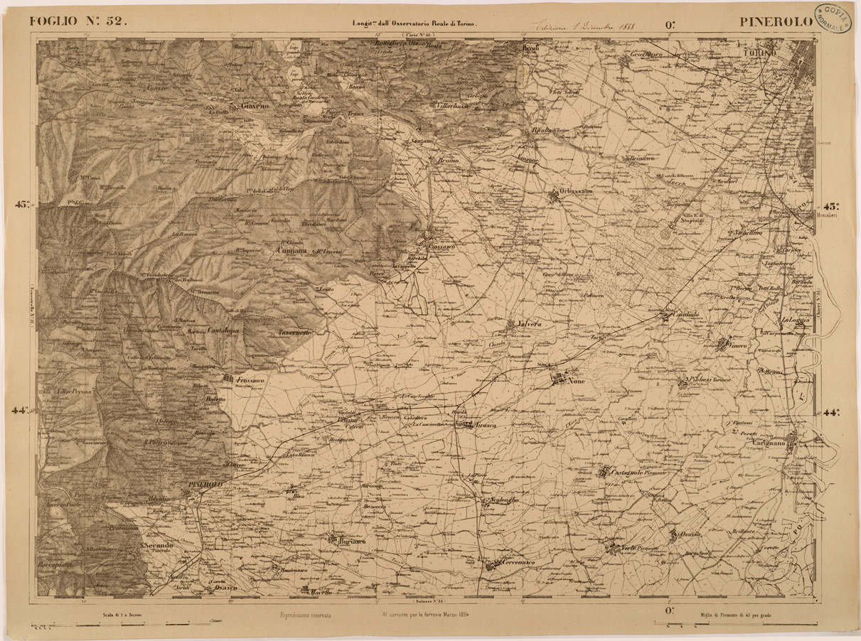 (N:27857) CARTA TOPOGRAFICA DEGLI STATI IN TERRAFERMA DI S. M. IL RE DI SARDEGNA FOGLIO 52 PINEROLO
 (SE001423) Carte e stampe antiche: riproduzione a colori su carta (formato A1)
