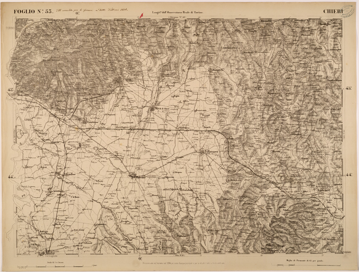 (N:27858) CARTA TOPOGRAFICA DEGLI STATI IN TERRAFERMA DI S. M. IL RE DI SARDEGNA FOGLIO 53 CHIERI
 (SE001424) Carte e stampe antiche: riproduzione a colori su carta (formato A1)