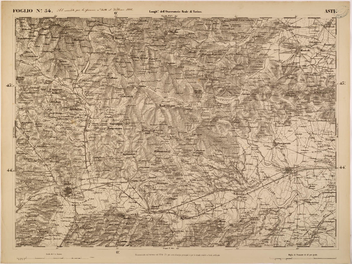(N:27859) CARTA TOPOGRAFICA DEGLI STATI IN TERRAFERMA DI S. M. IL RE DI SARDEGNA FOGLIO 54 ASTI
 (SE001425) Carte e stampe antiche: riproduzione a colori su carta (formato A1)