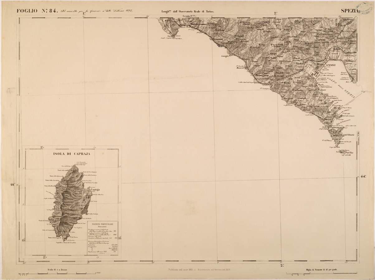 (N:27915) CARTA TOPOGRAFICA DEGLI STATI IN TERRAFERMA DI S. M. IL RE DI SARDEGNA FOGLIO 84 SPEZIA (ISOLA DI CAPRAJA)
 (SE001455) Carte e stampe antiche: riproduzione a colori su carta (formato A1)