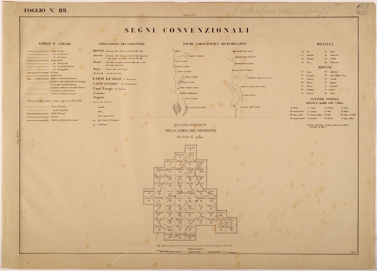 (N:27923) CARTA TOPOGRAFICA DEGLI STATI IN TERRAFERMA DI S. M. IL RE DI SARDEGNA FOGLIO 89 SEGNI CONVENZIONALI (Q.U. 1872-73)
 (SE001460) Carte e stampe antiche: riproduzione a colori su carta (formato A1)