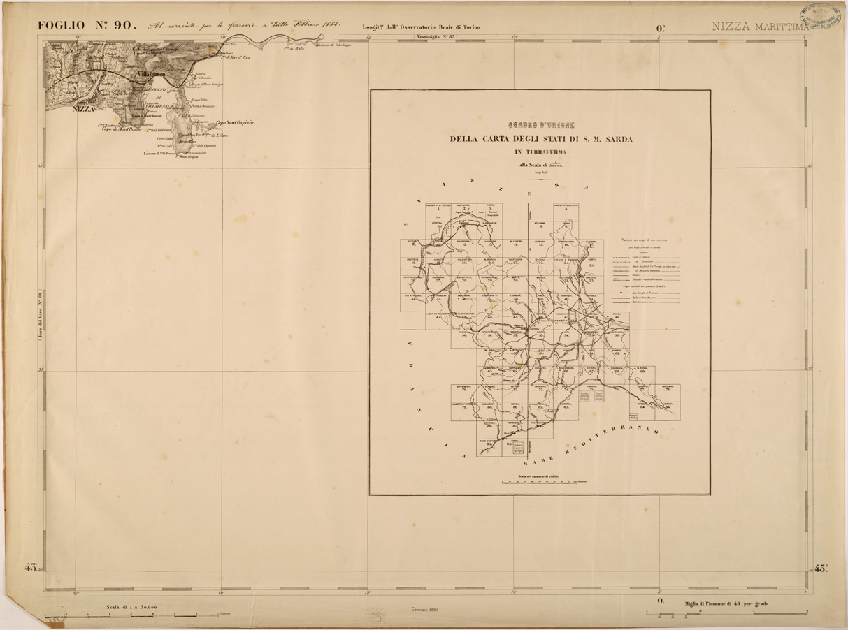 (N:27926) CARTA TOPOGRAFICA DEGLI STATI IN TERRAFERMA DI S. M. IL RE DI SARDEGNA FOGLIO 90 NIZZA MARITTIMA E QUADRO D'UNIONE
 (SE001461) Carte e stampe antiche: riproduzione a colori su carta (formato A1)