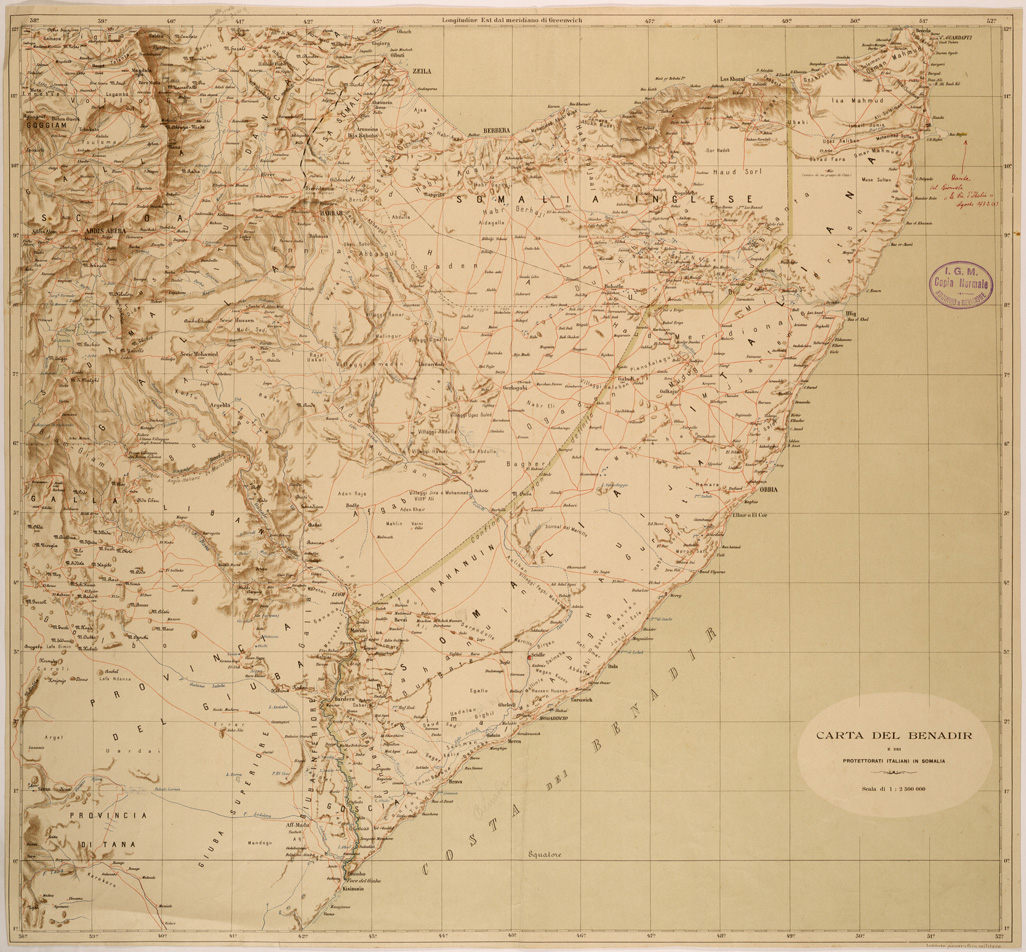 (N:28130) CARTA DEL BENADIR E DEI PROTETTORATI ITALIANI IN SOMALIA (SE002034) Carte e stampe antiche: riproduzione a colori su carta (formato A1)