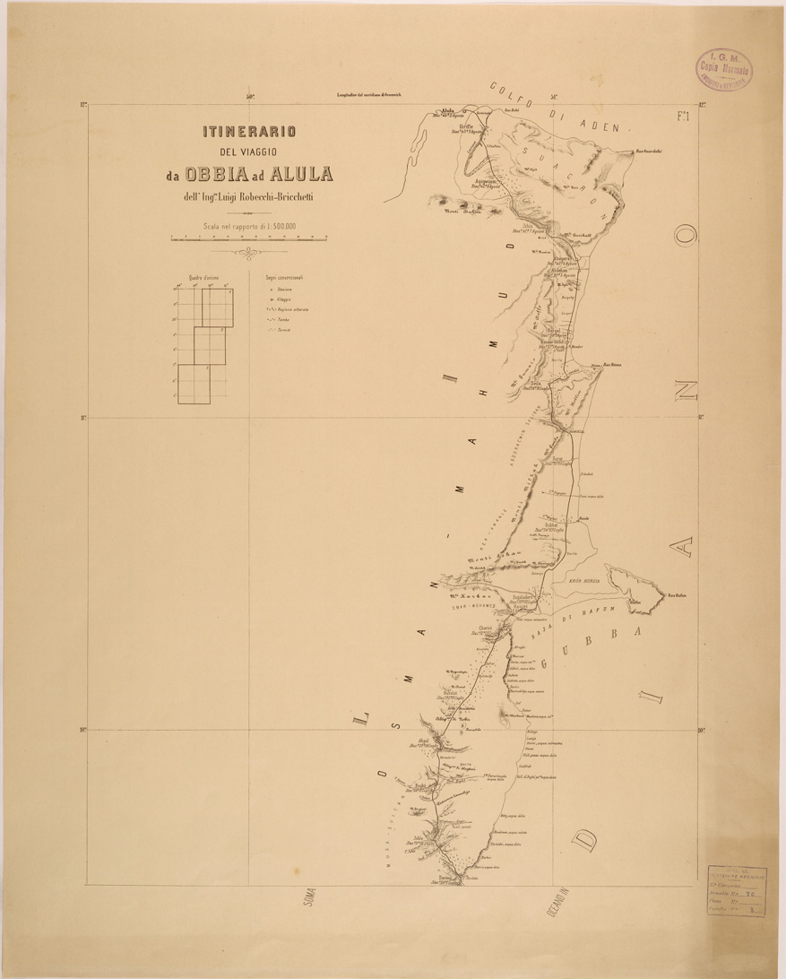 (N:28135) ITINERARIO DEL VIAGGIO DA OBBIA AD ALULA DELL'ING LUIGI ROBECCHI BRICCHETTI - FOGLIO 1 (SE002035) Carte e stampe antiche: riproduzione a colori su carta (formato A1)