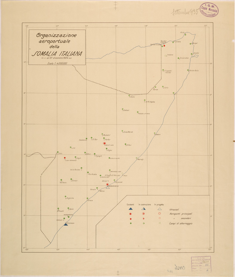 (N:28179) ORGANIZZAZIONE AEREOPORTUALE DELLA SOMALIA ITALIANA (SE002061) Carte e stampe antiche: riproduzione a colori su carta (formato A1)