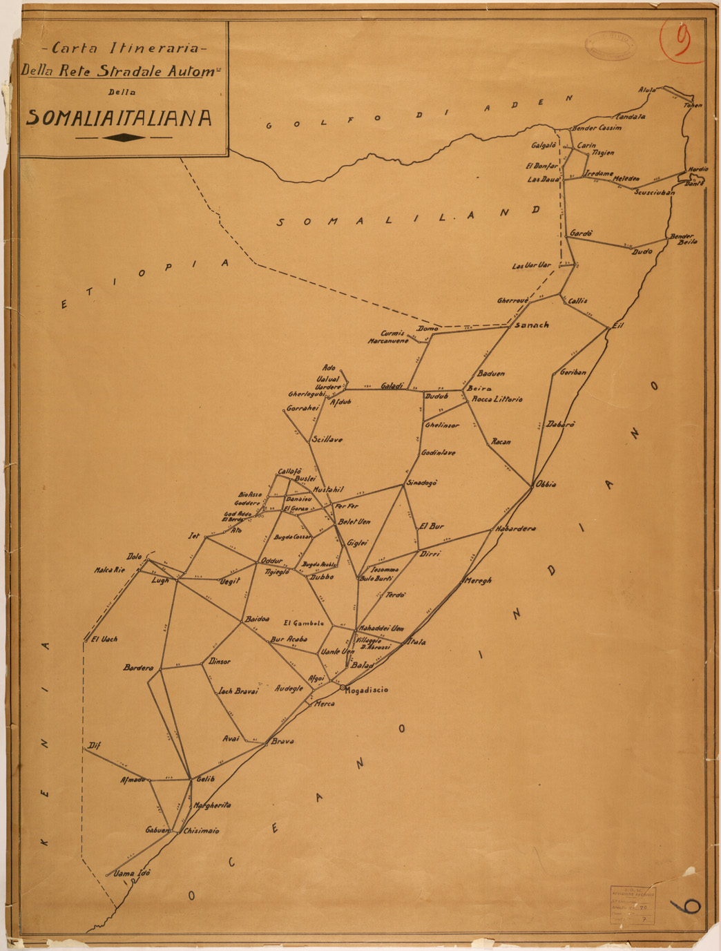 (N:28220) CARTA ITINERARIA DELLA RETE STRADALE DELLA SOMALIA ITALIANA (SE002084) Carte e stampe antiche: riproduzione a colori su carta (formato A1)