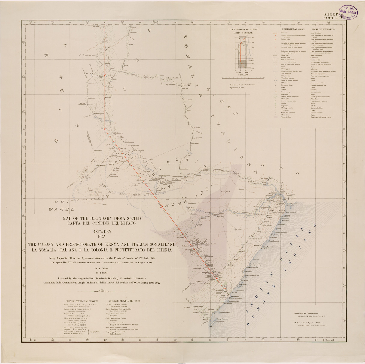(N:28436) CARTA DEL CONFINE DELIMITATO FRA LA SOMALIA ITALIANA E LA COLONIA E PROTETTORATO DEL CHENIA ( KENIA ) FOGLIO 4 (SE002199) Carte e stampe antiche: riproduzione a colori su carta (formato A1)