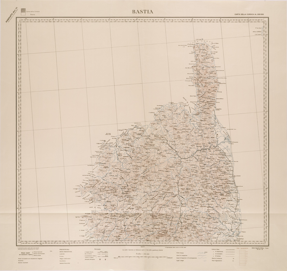 (N:29469) CARTA DELLA CORSICA - FOGLIO NORD - BASTIA - COPIA SENZA TINTE IPSOMETRICHE (SE003222) Carte e stampe antiche: riproduzione a colori su carta (formato A1)