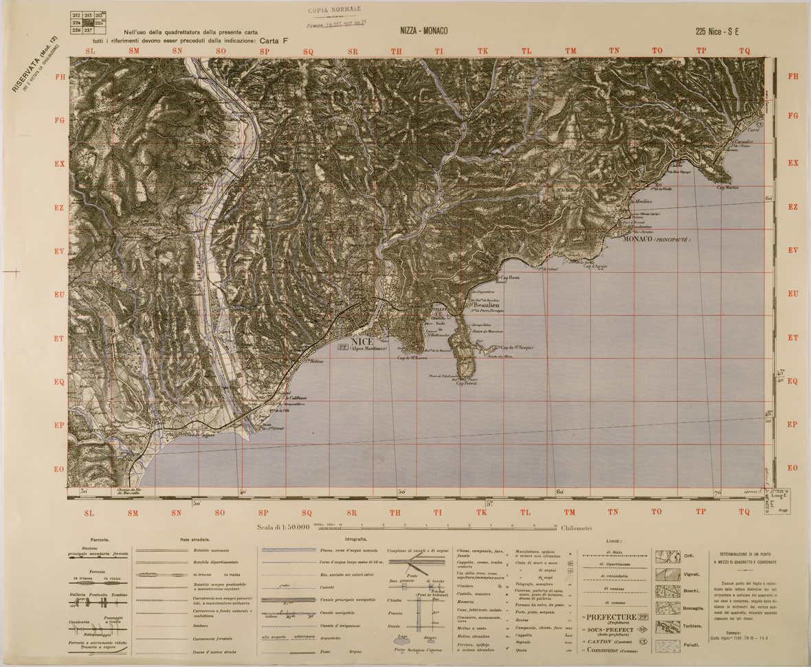 (N:29409) NIZZA - MONACO - FOGLIO 225 S.E. (SE003269) Carte e stampe antiche: riproduzione a colori su carta (formato A1)