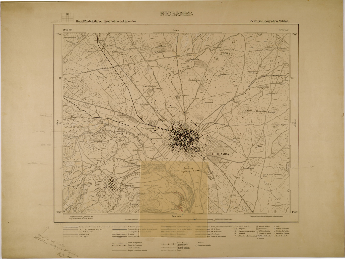 (N:29543) RIOBAMBA - HOJA 123 DEL MAPA TOPOGRAFICO DEL ECUADOR (SE003356) Carte e stampe antiche: riproduzione a colori su carta (formato A1)