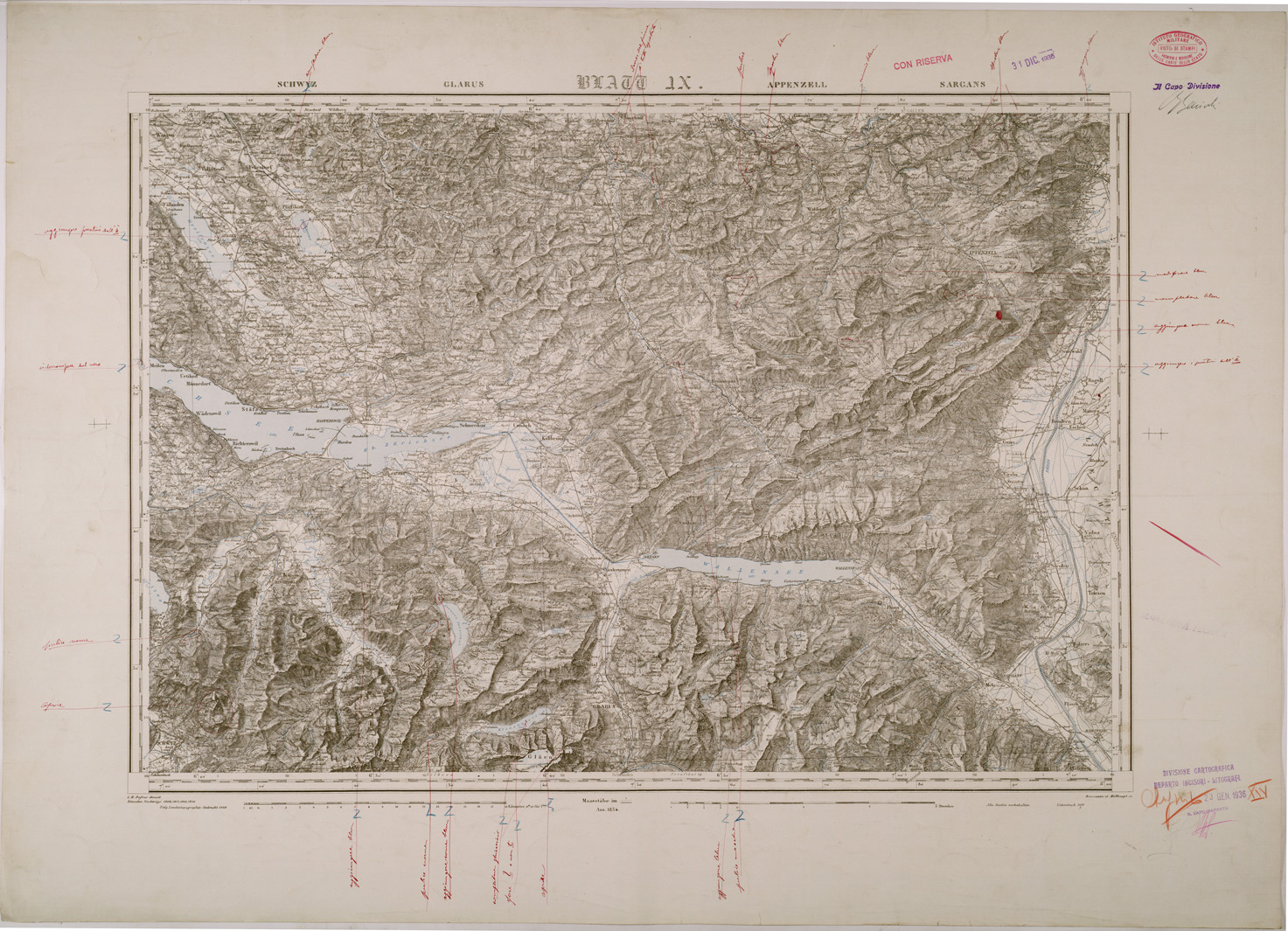 (N:29552) CARTA DELLA SVIZZERA - FOGLIO IX - SCHWYZ GLARUS APPENZELL SARGANS (SE003363) Carte e stampe antiche: riproduzione a colori su carta (formato A1)