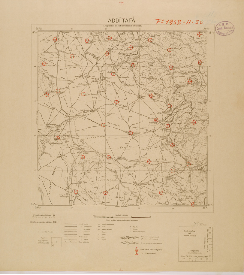 (N:29703) CARTA DELL'ERITREA - FOGLIO 1962 II SO - ADDI TAFA - COPIA CON I PUNTI D'ARTIGLIERIA IN ROSSO (SE003586) Carte e stampe antiche: riproduzione a colori su carta (formato A1)