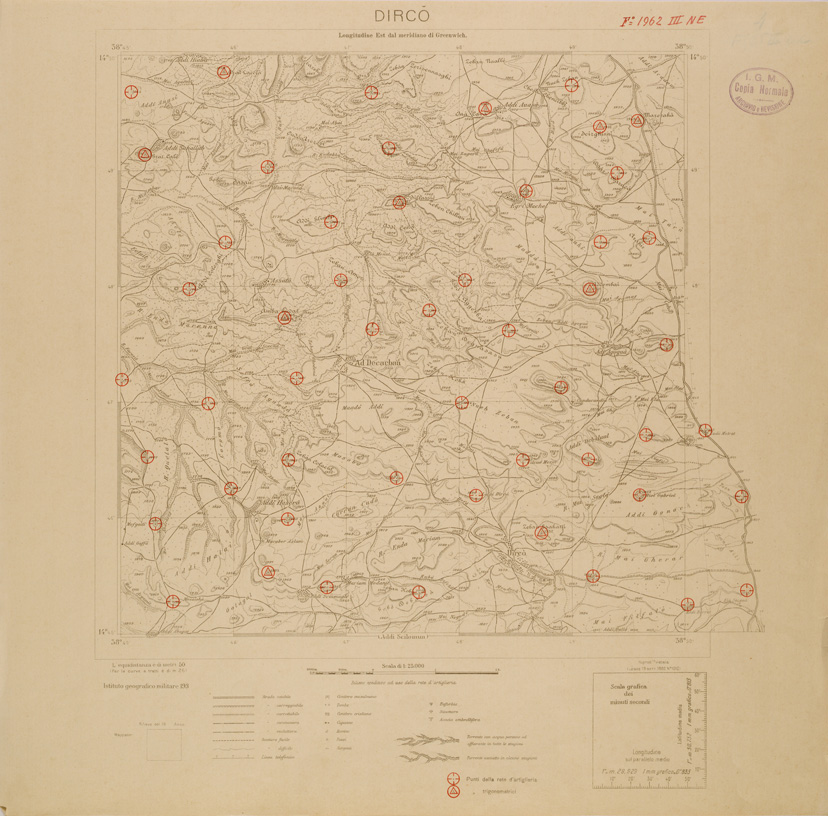 (N:29704) CARTA DELL'ERITREA - FOGLIO 1962 III NE - DIRCO - COPIA CON I PUNTI D'ARTIGLIERIA IN ROSSO (SE003587) Carte e stampe antiche: riproduzione a colori su carta (formato A1)