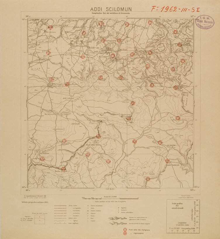 (N:29705) CARTA DELL'ERITREA - FOGLIO 1962 III SE - ADDI SCILOMUN - COPIA CON I PUNTI D'ARTIGLIERIA IN ROSSO (SE003588) Carte e stampe antiche: riproduzione a colori su carta (formato A1)