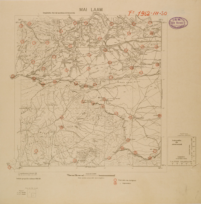 (N:29710) CARTA DELL'ERITREA - FOGLIO 1962 III SO - MAI LAAM - COPIA CON I PUNTI D'ARTIGLIERIA IN ROSSO (SE003589) Carte e stampe antiche: riproduzione a colori su carta (formato A1)