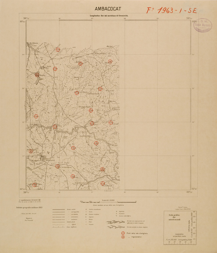 (N:29711) CARTA DELL'ERITREA - FOGLIO 1963 I SE - AMBACOCAT - COPIA CON I PUNTI D'ARTIGLIERIA IN ROSSO (SE003590) Carte e stampe antiche: riproduzione a colori su carta (formato A1)