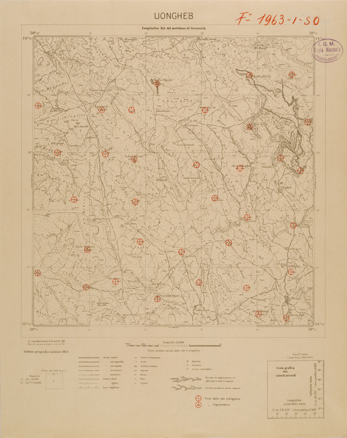 (N:29712) CARTA DELL'ERITREA - FOGLIO 1963 I SO - UONGHEB - COPIA CON I PUNTI D'ARTIGLIERIA IN ROSSO (SE003591) Carte e stampe antiche: riproduzione a colori su carta (formato A1)