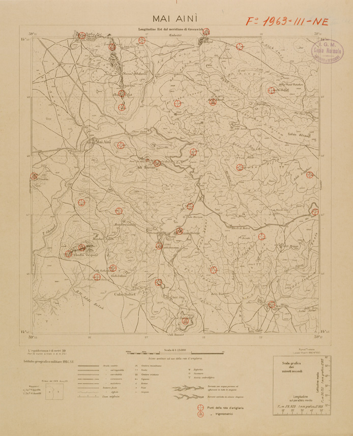 (N:29713) CARTA DELL'ERITREA - FOGLIO 1963 III NE - MAI AINI - COPIA CON I PUNTI D'ARTIGLIERIA IN ROSSO (SE003592) Carte e stampe antiche: riproduzione a colori su carta (formato A1)