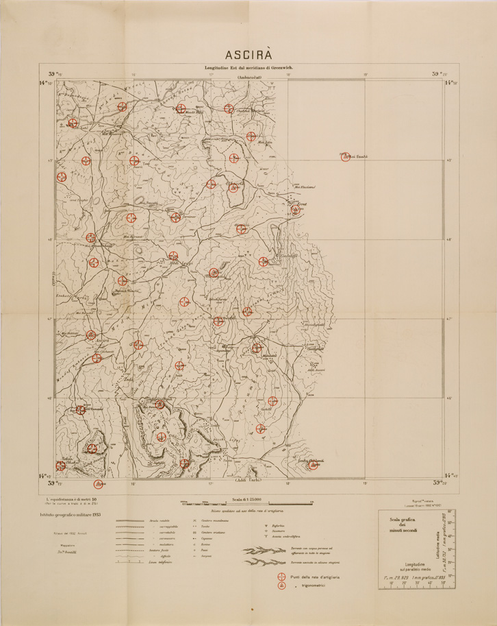 (N:29716) CARTA DELL'ERITREA - FOGLIO 1963 II NE - ASCIRA - COPIA CON I PUNTI D'ARTIGLIERIA IN ROSSO (SE003595) Carte e stampe antiche: riproduzione a colori su carta (formato A1)