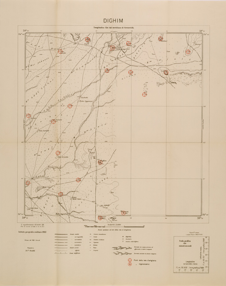(N:29717) CARTA DELL'ERITREA - FOGLIO 1963 II SO - DIGHIM - COPIA CON I PUNTI D'ARTIGLIERIA IN ROSSO (SE003596) Carte e stampe antiche: riproduzione a colori su carta (formato A1)