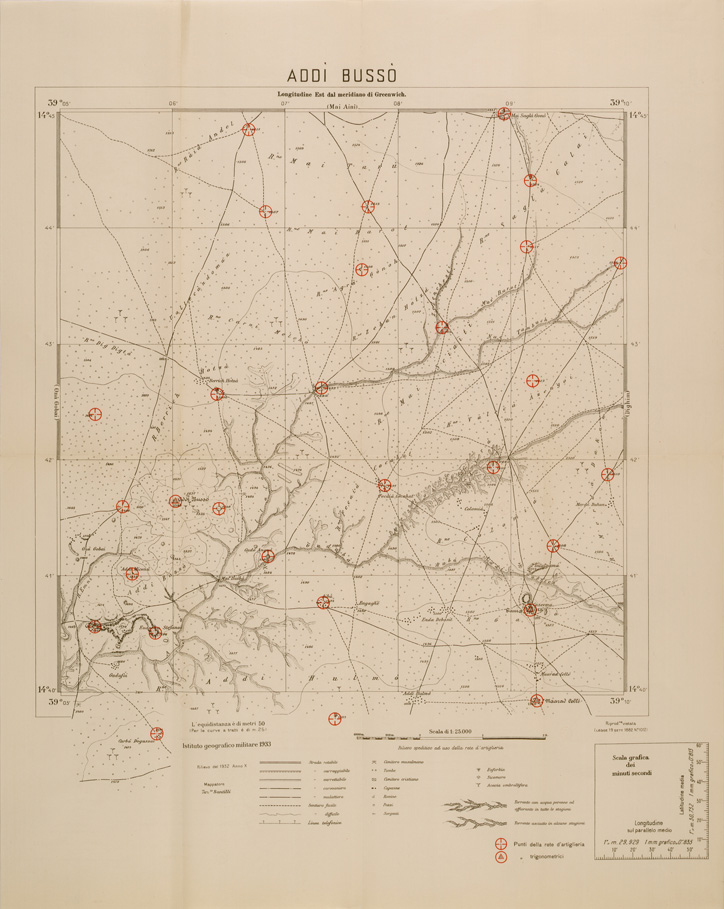 (N:29719) CARTA DELL'ERITREA - FOGLIO 1963 III SE - ADDI BUSSO - COPIA CON I PUNTI D'ARTIGLIERIA IN ROSSO (SE003598) Carte e stampe antiche: riproduzione a colori su carta (formato A1)