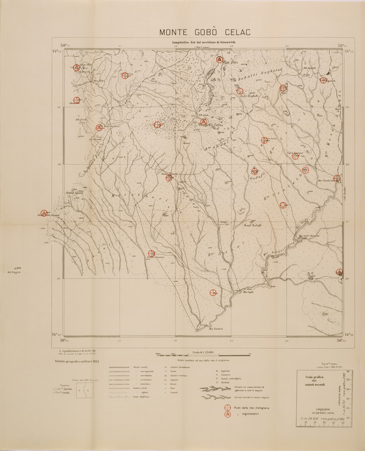 (N:29723) CARTA DELL'ERITREA - FOGLIO 2062 IV NO - MONTE GOBO CELAC - COPIA CON I PUNTI D'ARTIGLIERIA IN ROSSO (SE003602) Carte e stampe antiche: riproduzione a colori su carta (formato A1)