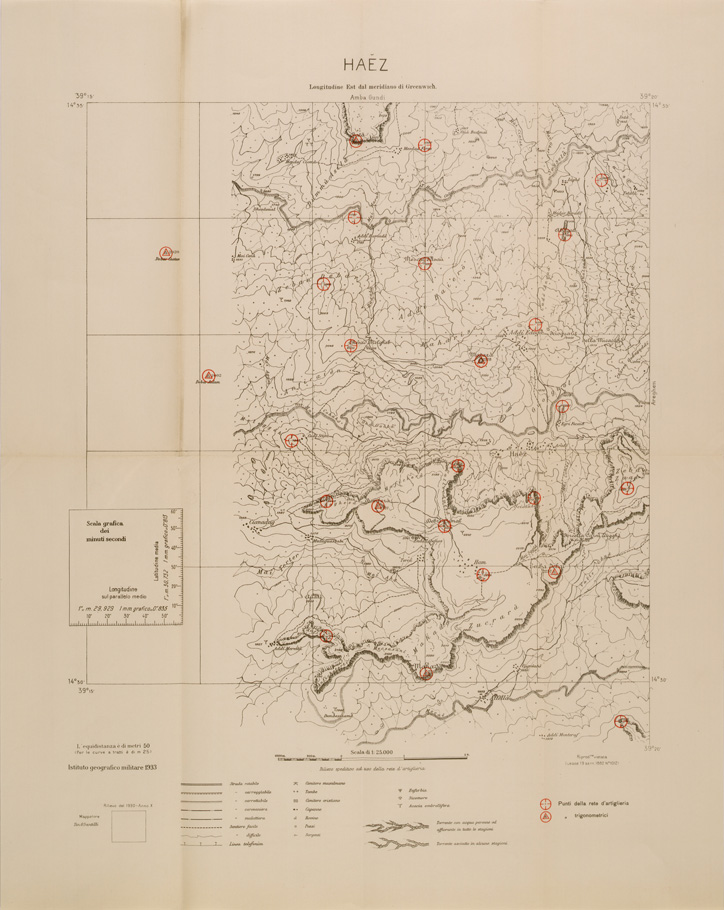 (N:29725) CARTA DELL'ERITREA - FOGLIO 2063 I SE - HAEZ - COPIA CON I PUNTI D'ARTIGLIERIA IN ROSSO (SE003604) Carte e stampe antiche: riproduzione a colori su carta (formato A1)