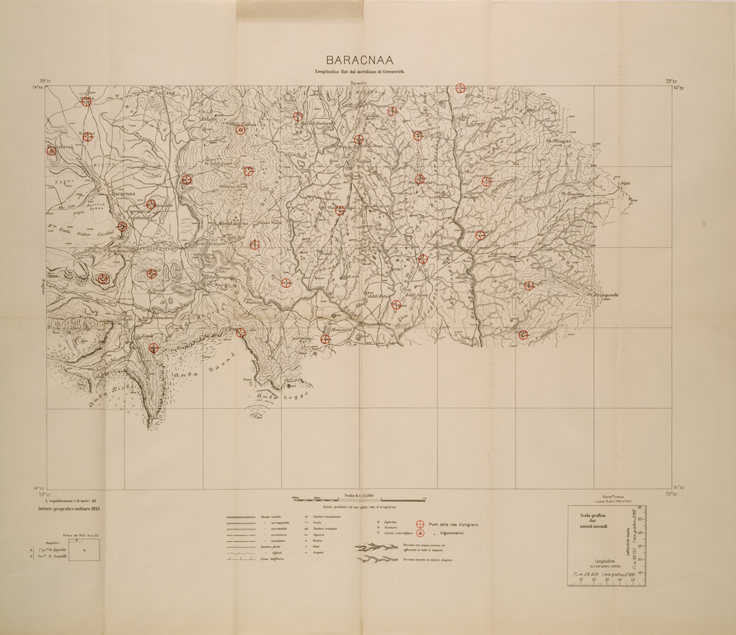 (N:29727) CARTA DELL'ERITREA - FOGLIO 2064 IV SE I SO - BARACNAA - COPIA CON I PUNTI D'ARTIGLIERIA IN ROSSO (SE003606) Carte e stampe antiche: riproduzione a colori su carta (formato A1)