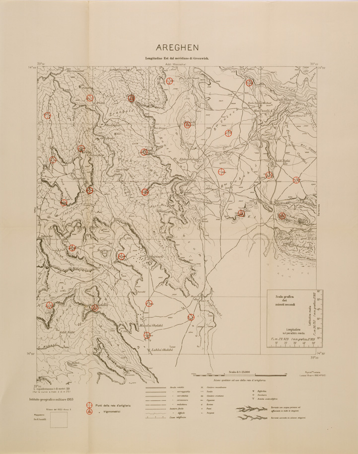 (N:29729) CARTA DELL'ERITREA - FOGLIO 2064 IV SO - AREGHEN - COPIA CON I PUNTI D'ARTIGLIERIA IN ROSSO (SE003607) Carte e stampe antiche: riproduzione a colori su carta (formato A1)