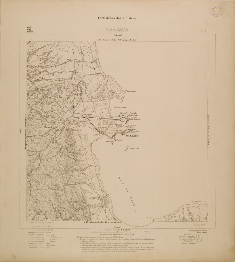 (N:29739) CARTA DELLA COLONIA ERITREA - FOGLIO D2 - MASSAUA (SE003616) Carte e stampe antiche: riproduzione a colori su carta (formato A1)
