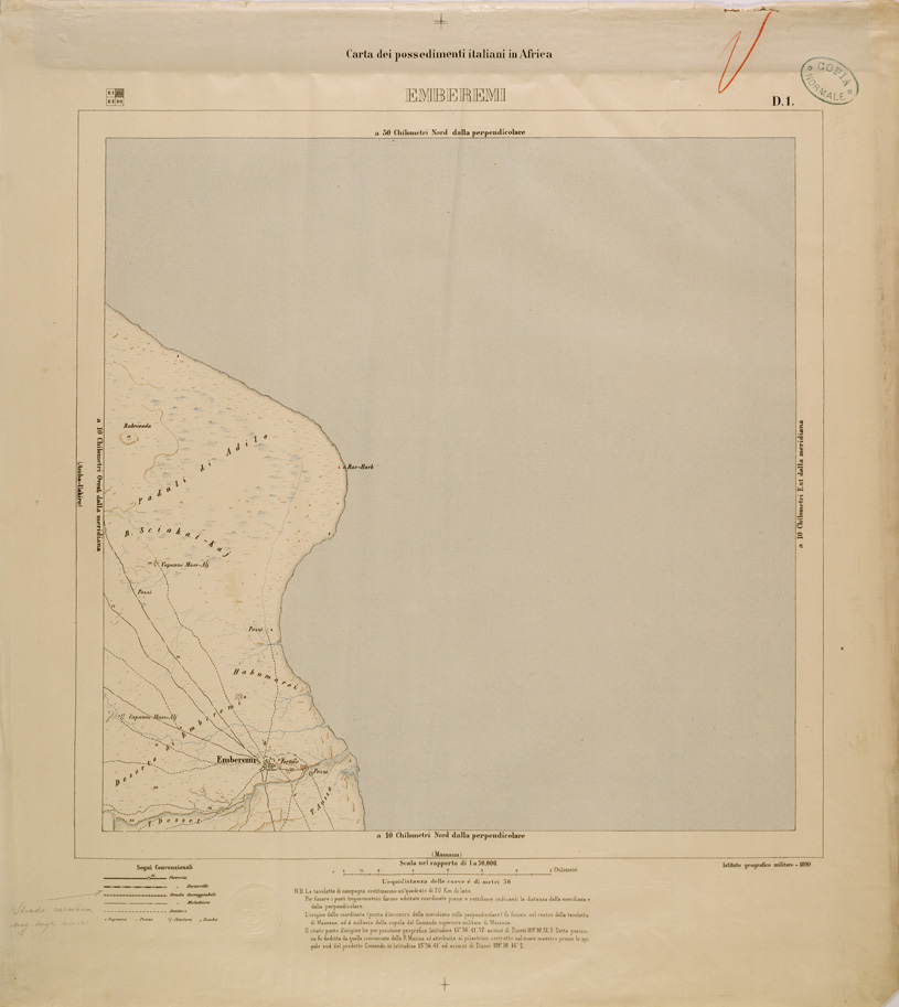 (N:29772) CARTA DEI POSSEDIMENTI ITALIANI IN AFRICA - FOGLIO D1 - EMBEREMI (SE003640) Carte e stampe antiche: riproduzione a colori su carta (formato A1)