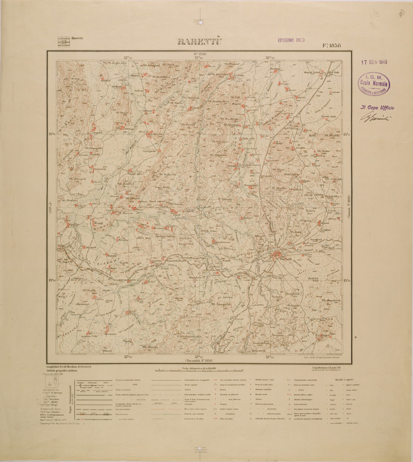 (N:29810) CARTA TOPOGRAFICA DELLA COLONIA ERITREA - FOGLIO 1858 - BARENTU (SE003671) Carte e stampe antiche: riproduzione a colori su carta (formato A1)