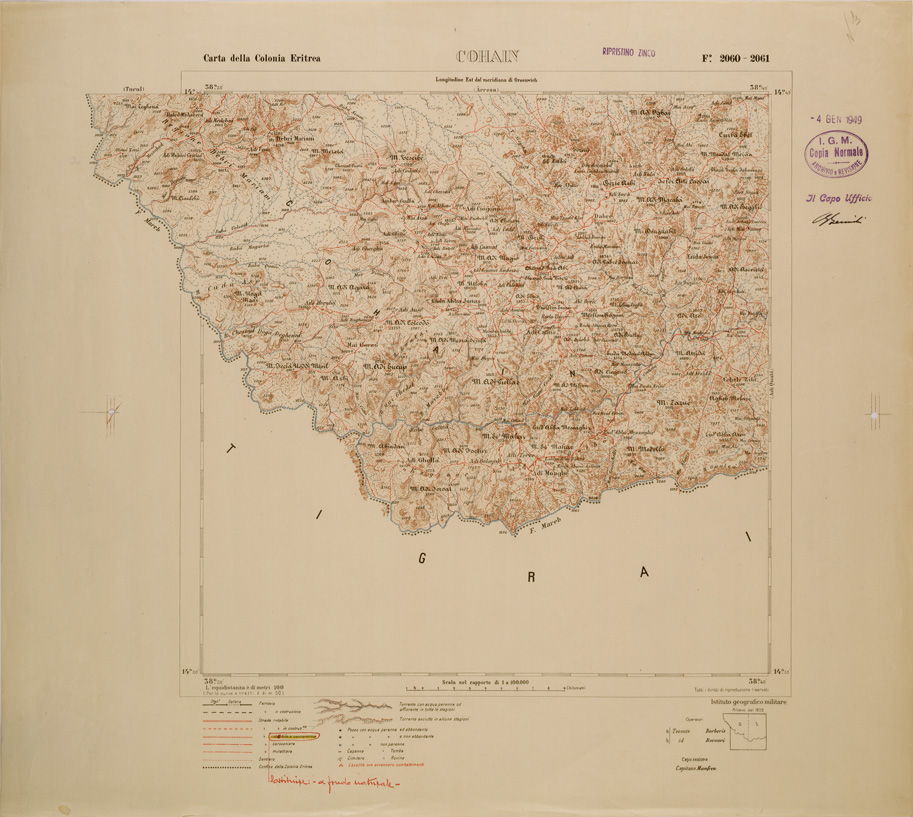 (N:29827) CARTA TOPOGRAFICA DELLA COLONIA ERITREA - FOGLIO 2060 2061 - COHAIN (SE003688) Carte e stampe antiche: riproduzione a colori su carta (formato A1)