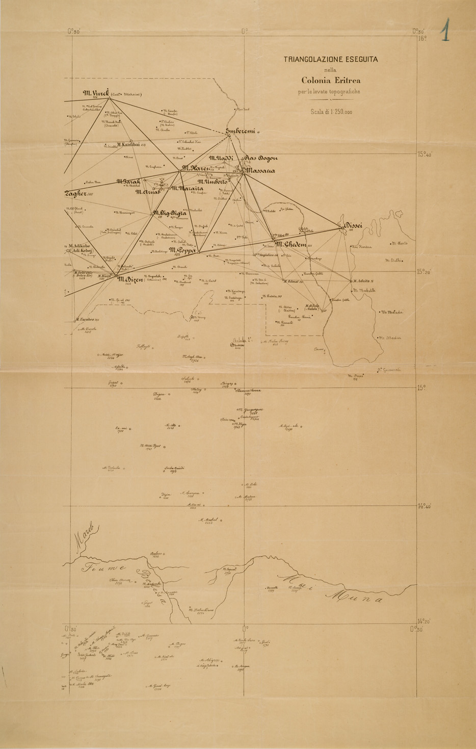 (N:29924) TRIANGOLAZIONE ESEGUITA NELLA COLONIA ERITREA PER LE LEVATE TOPOGRAFICHE (SE003790) Carte e stampe antiche: riproduzione a colori su carta (formato A1)