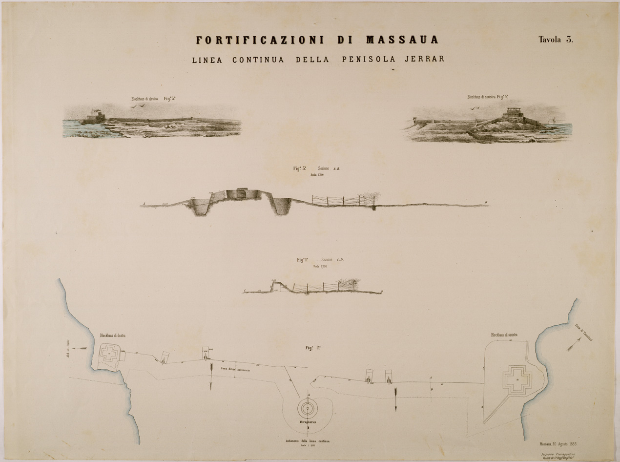 (N:29977) FORTIFICAZIONI DI MASSAUA TAV 3 LINEA CONTINUA DELLA PENISOLA JERRAR (SE003847) Carte e stampe antiche: riproduzione a colori su carta (formato A1)