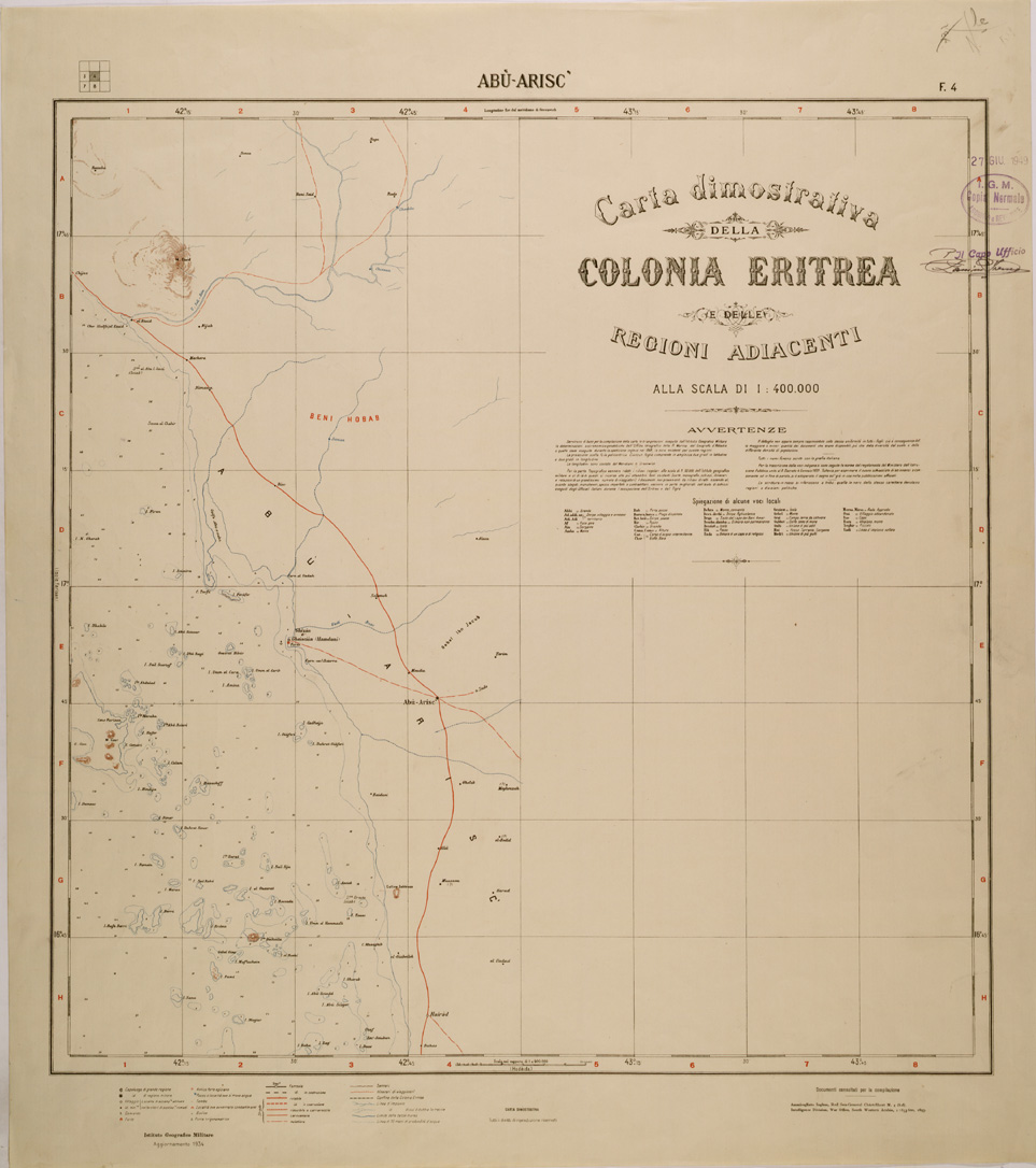(N:30205) CARTA DIMOSTRATIVA DELLA COLONIA ERITREA E DELLE REGIONI ADIACENTI - FOGLIO 4 - ABU ARISC (SE004035) Carte e stampe antiche: riproduzione a colori su carta (formato A1)