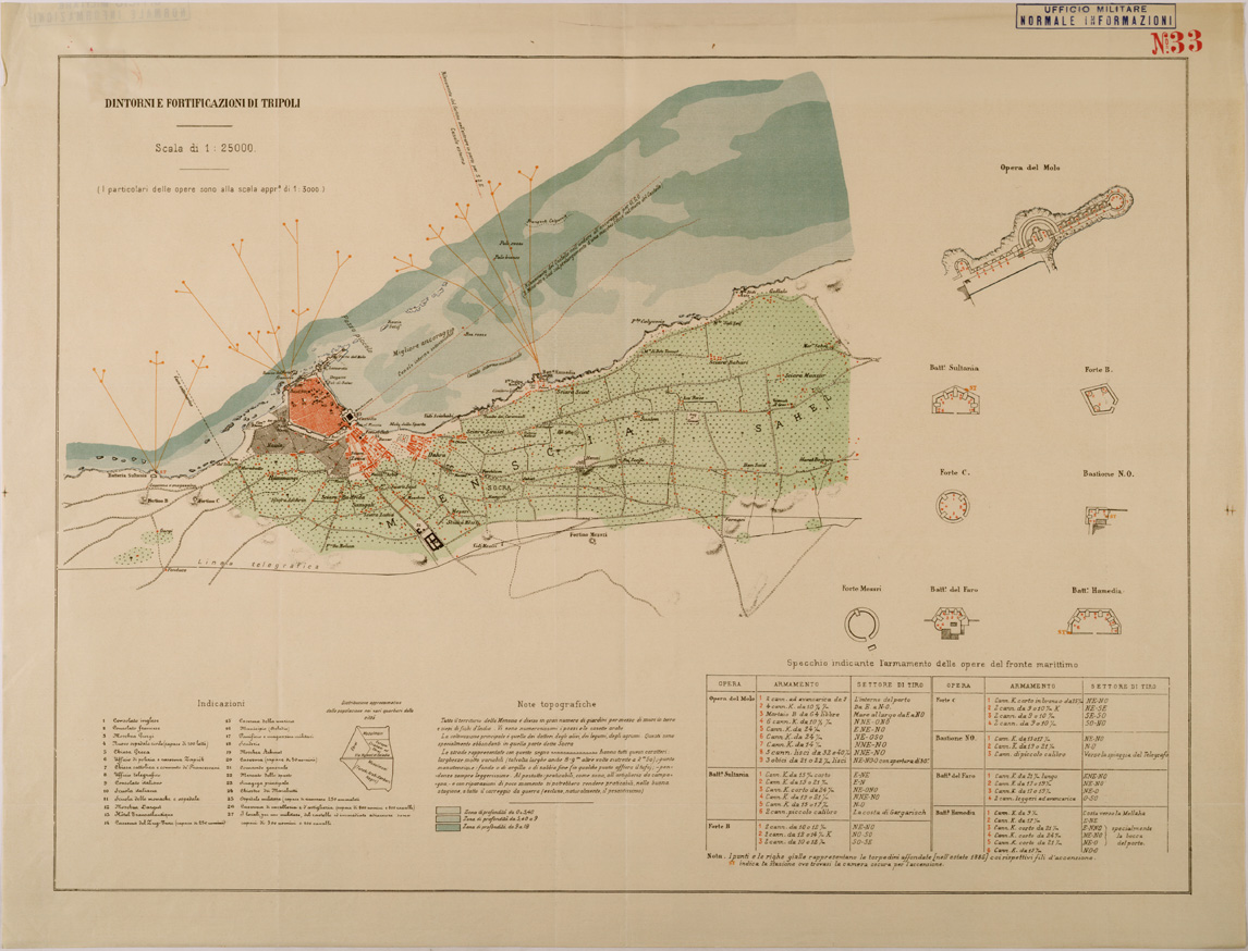 (N:30320) DINTORNI E FORTIFICAZIONI DI TRIPOLI. (SE004347) Carte e stampe antiche: riproduzione a colori su carta (formato A1)