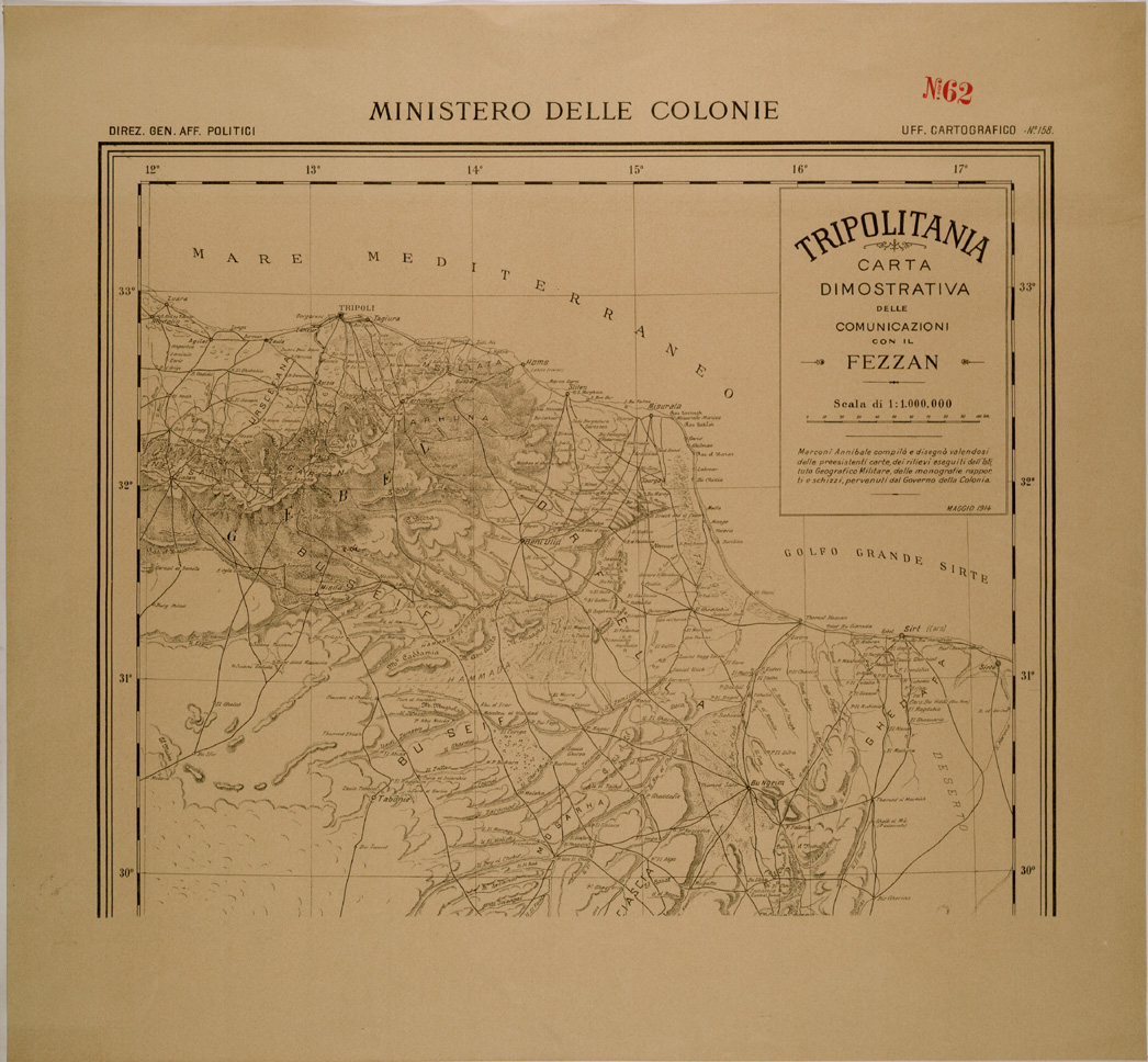 (N:30386) MINISTERO DELLE COLONIE TRIPOLITANIA CARTA DIMOSTRATIVA DELLE COMUNICAZIONI CON IL FEZZAN - FOGLIO 1. (SE004421) Carte e stampe antiche: riproduzione a colori su carta (formato A1)